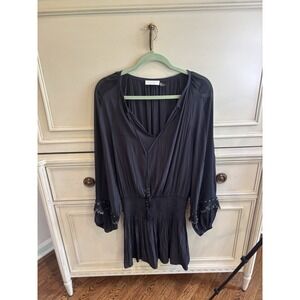 Ramy Brook Black Satin Mini Dress‎ Silver Studs Detail V Neck Cocktail Sz XS